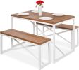 Modern 3-Piece Dining Set Wood Top Metal Frame Table and 2 Bench Chairs