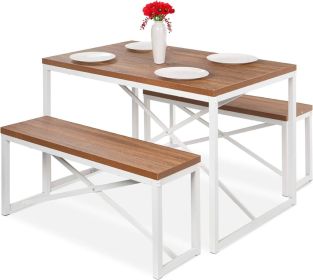 Modern 3-Piece Dining Set Wood Top Metal Frame Table and 2 Bench Chairs