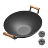 WANGYUANJI Large Cast Iron Wok 14.2", Classic Dual Handles Frying Pan, Large-capacity Commercial Household, Wooden Handles, For All Stove, With Steel