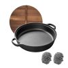 WANGYUANJI 11.8"Cast Iron Wok with Dual Handles and Wooden Lid, Uncoated Frying Pan for Gas and IH, Chinese Thickened Pancake Pan, Stir-frying and IH