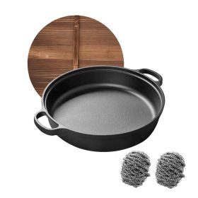 WANGYUANJI 11.8"Cast Iron Wok with Dual Handles and Wooden Lid, Uncoated Frying Pan for Gas and IH, Chinese Thickened Pancake Pan, Stir-frying and IH