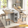 5 Pieces Folding Extendable Dining Table Set with 4 Chairs for 4 Peoples, 55'' Drop Leaf Wood Kitchen Dining Room Table Set with Storage and 6 Wheels
