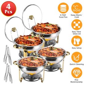 4 Pack Round Chafing Dish Buffet Set,Stainless Steel 4.76QT Round Buffet Servers and Warmers, Thick Stand Frame Catering Chafe with Mirror Covers,Food
