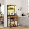 HOMCOM Industrial Kitchen Shelving Unit, Open Shelves for Kitchen w/ Charging Station, Towel Rack & LED Lights, Rustic Brown