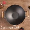 WANGYUANJI Large Cast Iron Wok 14.2", Classic Dual Handles Frying Pan, Large-capacity Commercial Household, Wooden Handles, For All Stove, With Steel