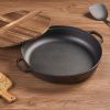 WANGYUANJI 11.8"Cast Iron Wok with Dual Handles and Wooden Lid, Uncoated Frying Pan for Gas and IH, Chinese Thickened Pancake Pan, Stir-frying and IH