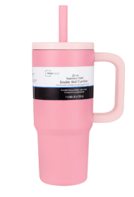 Mainstays 20 oz Double Wall Stainless Steel Tumbler with Straw Lid, Pink