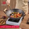 WANGYUANJI Large Cast Iron Wok 14.2", Classic Dual Handles Frying Pan, Large-capacity Commercial Household, Wooden Handles, For All Stove, With Steel