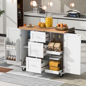 Rolling Kitchen Island with Storage, Kitchen Cart with Rubber Wood Top, 3 Drawer, 2 Slide-Out Shelf and Internal Storage Rack, Kitchen Island on Wheel (Material: MDF, Color: White)